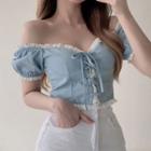Puff-sleeve Sweetheart Neckline Ruffle Trim Lace-up Crop Top Blue - One Size