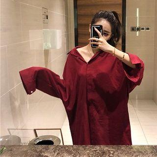 Plain V-neck Long-sleeve Blouse Red - One Size