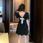Short-sleeve Open-back Bow Mini A-line Dress
