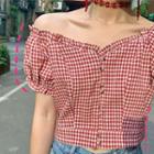 Plaid Puff-sleeve Crop Top As Shown In Figure - One Size