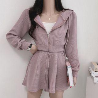 Set: Hooded Zip Cropped Jacket + Drawstring Shorts