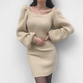 Bishop-sleeve Knit Mini Sheath Dress
