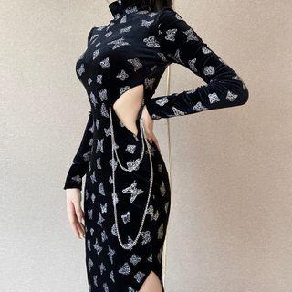 Butterfly Patterned Diagonal Hem Sheath Dress
