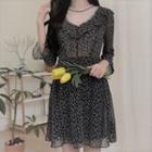 Floral Long-sleeve A-line Dress Floral - Black - One Size
