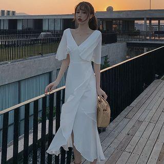 Elbow-sleeve Ruffle Midi A-line Dress