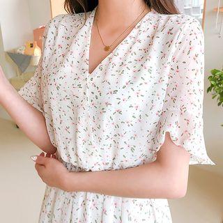 V-neck Floral Midi Chiffon Dress Ivory - One Size