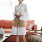 Set: Bell Sleeve Plain Shirt Dress + Pocket Front Plain Skirt With Belt