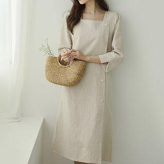 Square-neck Buttoned Ramie Midi Dress