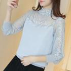 Lace Panel Mock Neck 3/4-sleeve Knit Top
