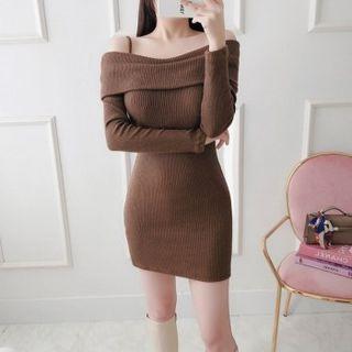 Off-shoulder Fold-over Mini Rib-knit Dress