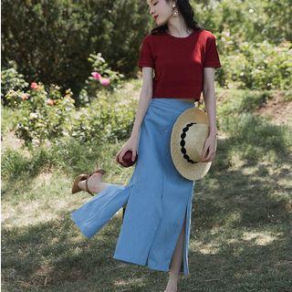 Set: Crew-neck Short-sleeve Knit Top + Side-slit High-waist Midi A-line Skirt