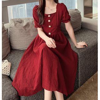 Short-sleeve Ruffled Square-neck Midi Dress