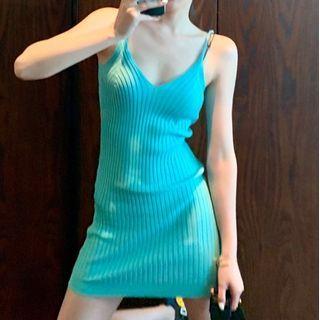 Spaghetti Strap Knit Mini Dress Aqua Green - One Size
