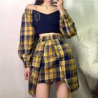 Long-sleeve Off-shoulder Plaid Crop Top / Irregular Mini Skirt / Heart Chain Belt / Set