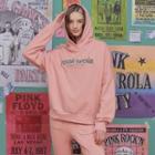 Letter-embroidered Fleece-lined Oversized Hoodie Pink - One Size