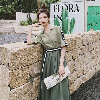 Elbow-sleeve Two-tone Midi A-line Cargo Shirtdress