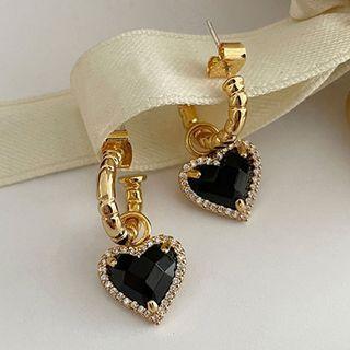 Heart Rhinestone Sterling Silver Dangle Earring E1119 - Love Heart Black Rhinestone - Gold - One Size