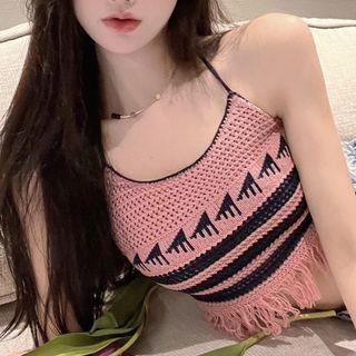 Two-tone Fringed Camisole Top Pink - One Size