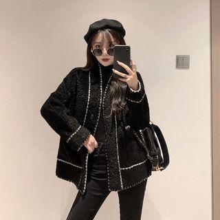 Contrast Trim Fleece Button Jacket Black - One Size