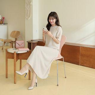 Set: Short-sleeve Wool Blend Top + Long Flare Skirt