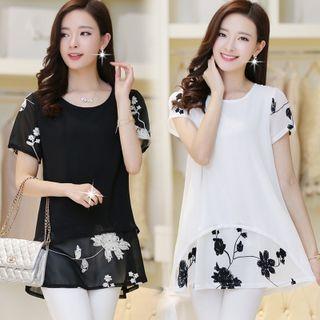 Short-sleeve Printed Paneled Chiffon Top