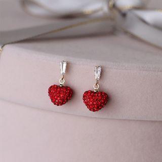 Rhinestone Heart Drop Earring 1 Pair - 925 Silver Stud - Red - One Size