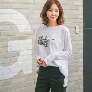 Raglan-sleeve Rose Print T-shirt
