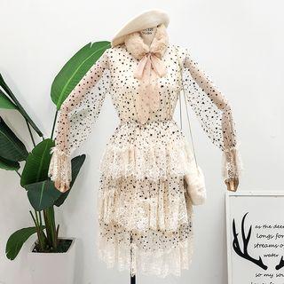 Layered Star-print Sheer Dress With Camisole & Scarf