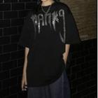 Couple Matching Short Sleeve Rhinestone Lettering T-shirt Black - One Size