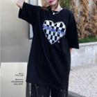 Elbow-sleeve Check Heart Print T-shirt