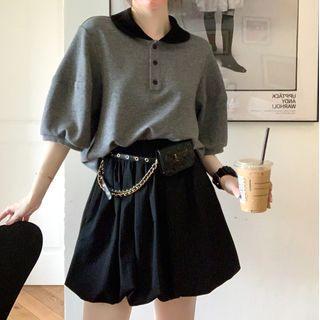 Puff-sleeve Polo Shirt / Striped Mini A-line Skirt