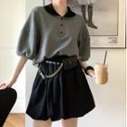 Puff-sleeve Polo Shirt / Striped Mini A-line Skirt