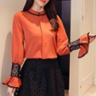 Long Puff Sleeve Lace Panel Button Blouse