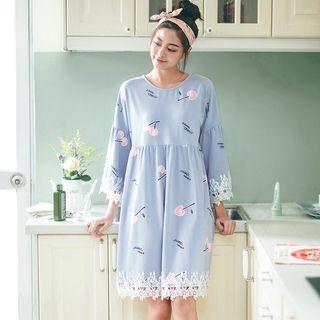 Lace Panel Cherry Print Long-sleeve Sleep Dress