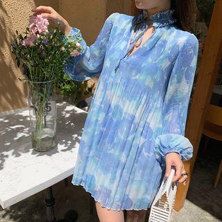 Puff-sleeve Tie-dyed A-line Dress