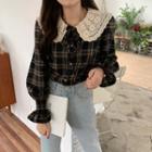 Doll-collar Plaid Button-up Blouse Check - Black - One Size