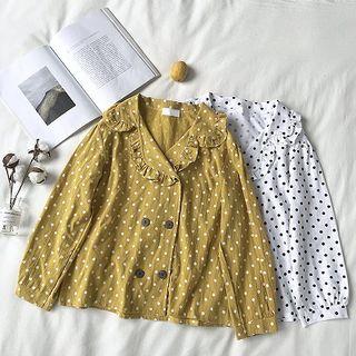 Polka Dot Double-breasted Ruffled-trim Long-sleeve Blouse