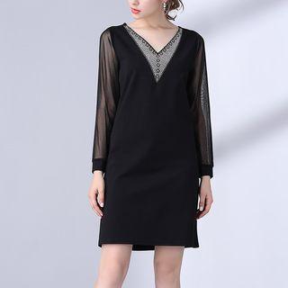 Rhinestone Long-sleeve V-neck Shift Dress