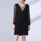 Rhinestone Long-sleeve V-neck Shift Dress