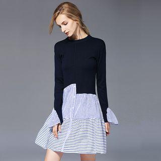 Bell Sleeve Striped Panel A-line Dress