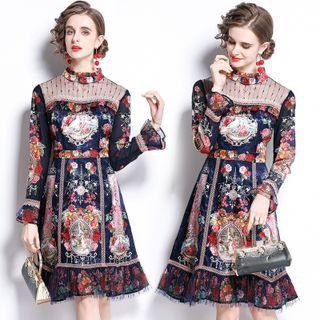 Long-sleeve Mesh Panel Floral Print A-line Dress