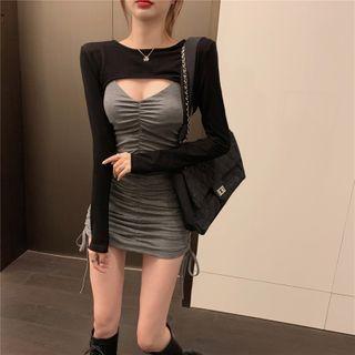 Set: Spaghetti Strap Drawstring Sheath Dress + Long-sleeve Cropped Top