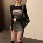 Set: Spaghetti Strap Drawstring Sheath Dress + Long-sleeve Cropped Top