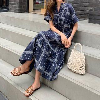 Open-placket Paisley Print Dress
