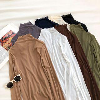 Plain Turtle-neck Long-sleeve Mesh Top