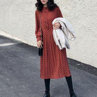 Long-sleeve Midi Dotted Pleated Dress