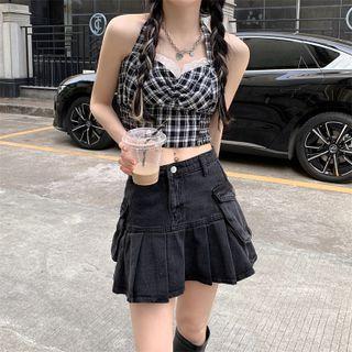 Denim Mini Skirt / Halter-neck Plaid Crop Top