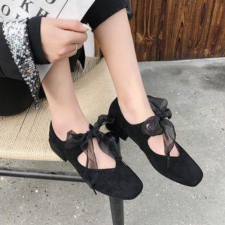 Mesh Bow Faux Suede Mary Jane Pumps