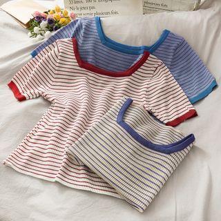 Square-neck Striped Light Knit Top