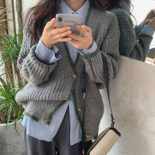 Plain Long-sleeve T-shirt / Contrast-trim Oversized Knit Cardigan